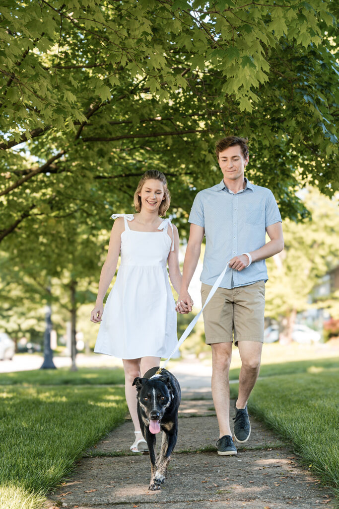 A couple walking their dog for their engagement session on a sunshine filled summer day in Columbus, Ohio.